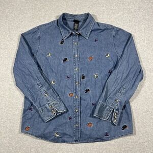 Holiday Editions Halloween Blue Denim Button Top 1X Pumpkin Black Cat Star Moon